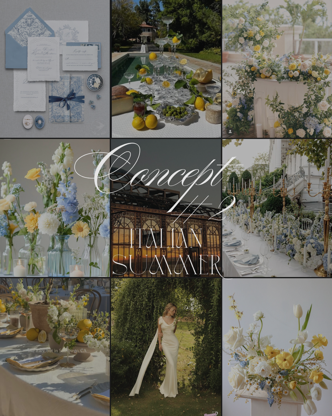 Italian summer wedding mood board featuring blue stationery, yellow lemons, floral arrangements, and a bride in a white gown.