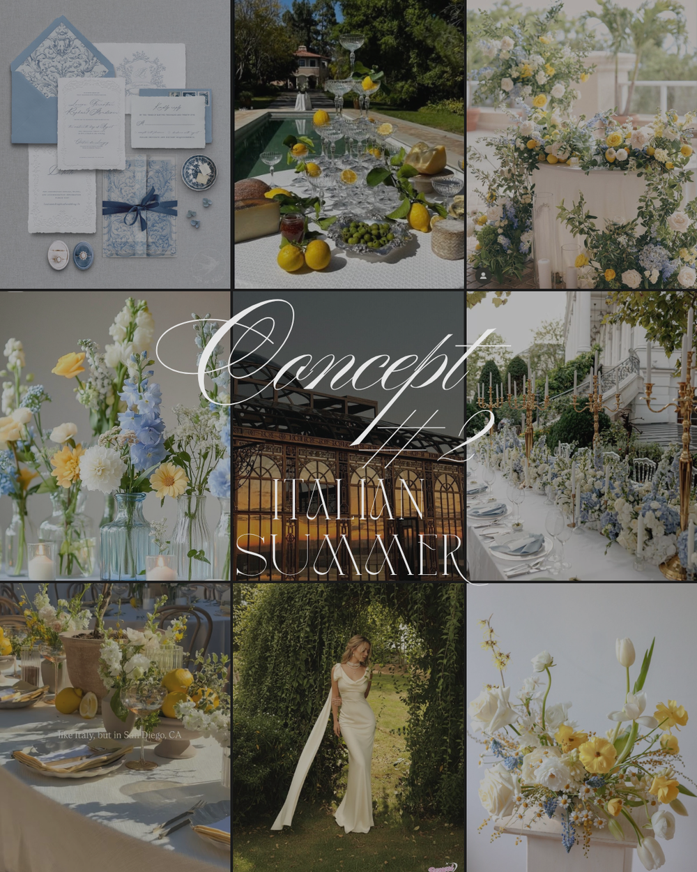 Italian summer wedding mood board featuring blue stationery, yellow lemons, floral arrangements, and a bride in a white gown.