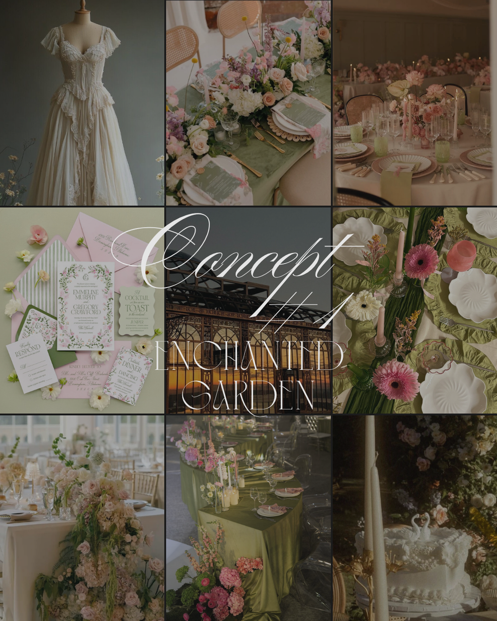 Enchanted garden wedding concept collage featuring floral arrangements, green tablescapes, bridal gown, and elegant stationery.