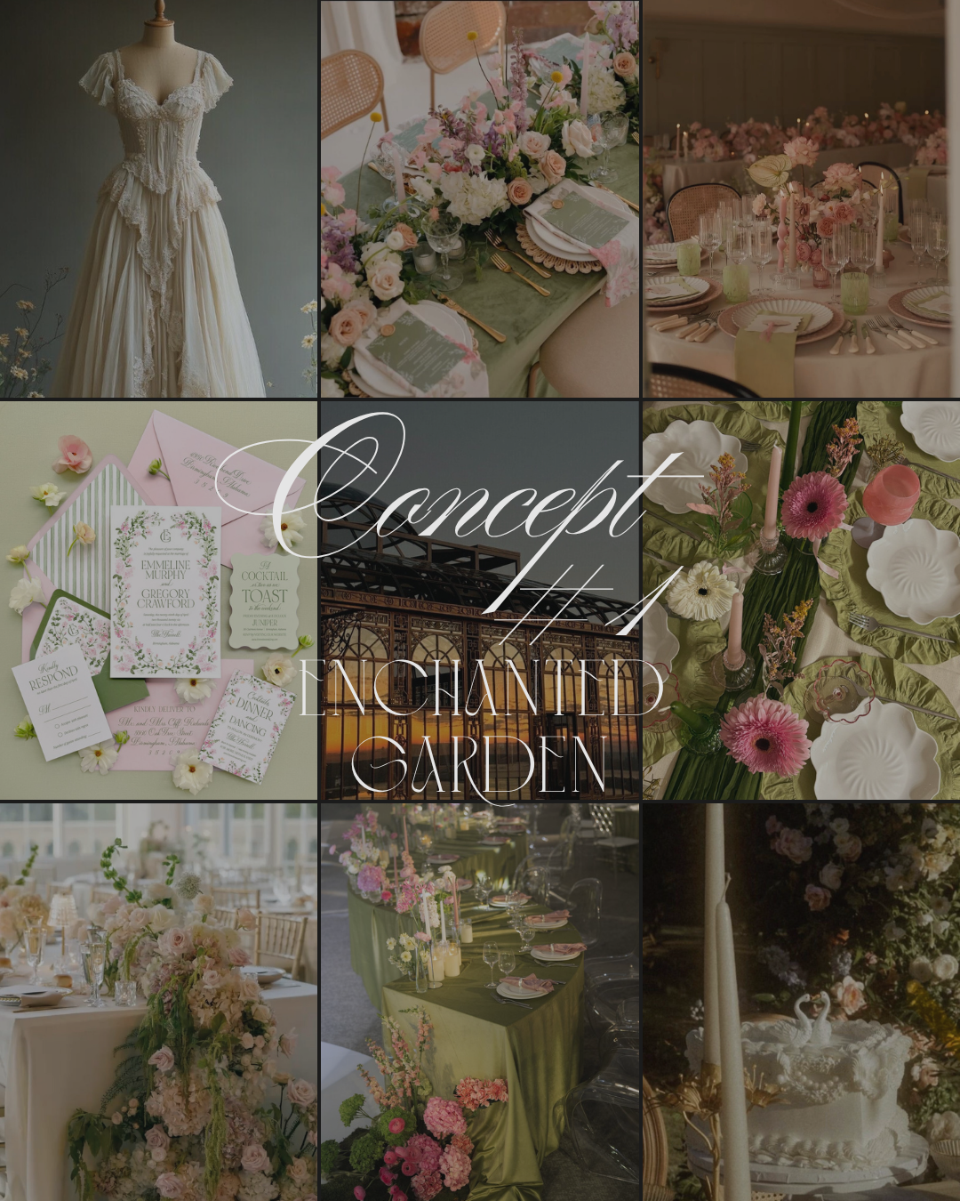 Enchanted garden wedding concept collage featuring floral arrangements, green tablescapes, bridal gown, and elegant stationery.