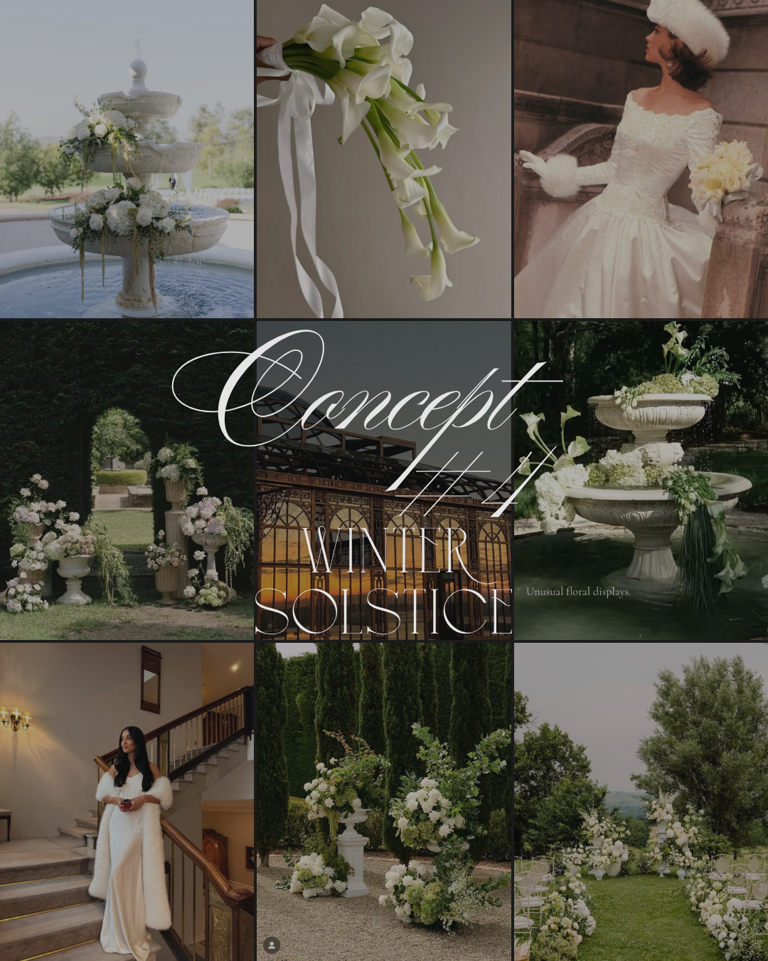 Winter Solstice wedding concept mood board featuring white floral arrangements, elegant bride, and lush greenery decor.