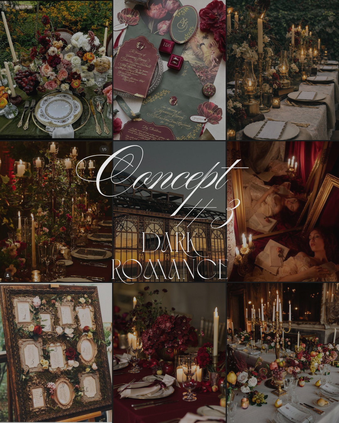 Dark romance wedding concept collage featuring candlelit tablescapes, deep red florals, gold candelabras, and moody elegant decor.