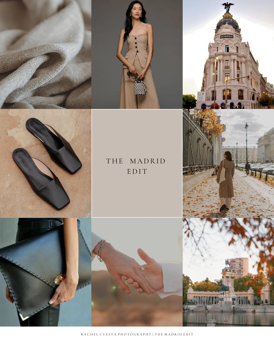 A mood board featuring neutral tones with fashion, architecture and lifestyle images highlighting Madrid's elegant aesthetic.