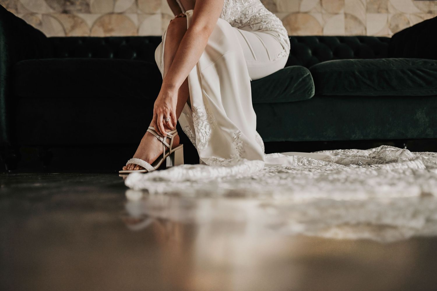 Fashion-inspired bridal party portrait captured in natural light on wedding day.
