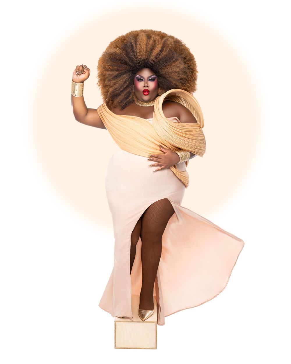 Artistic fashion photo series showing flowing beige fabric and dramatic poses against neutral background.
