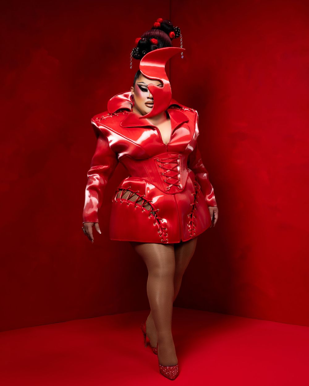 Fashion model in dramatic red outfit strikes dynamic poses against vibrant red background in artistic photo series.