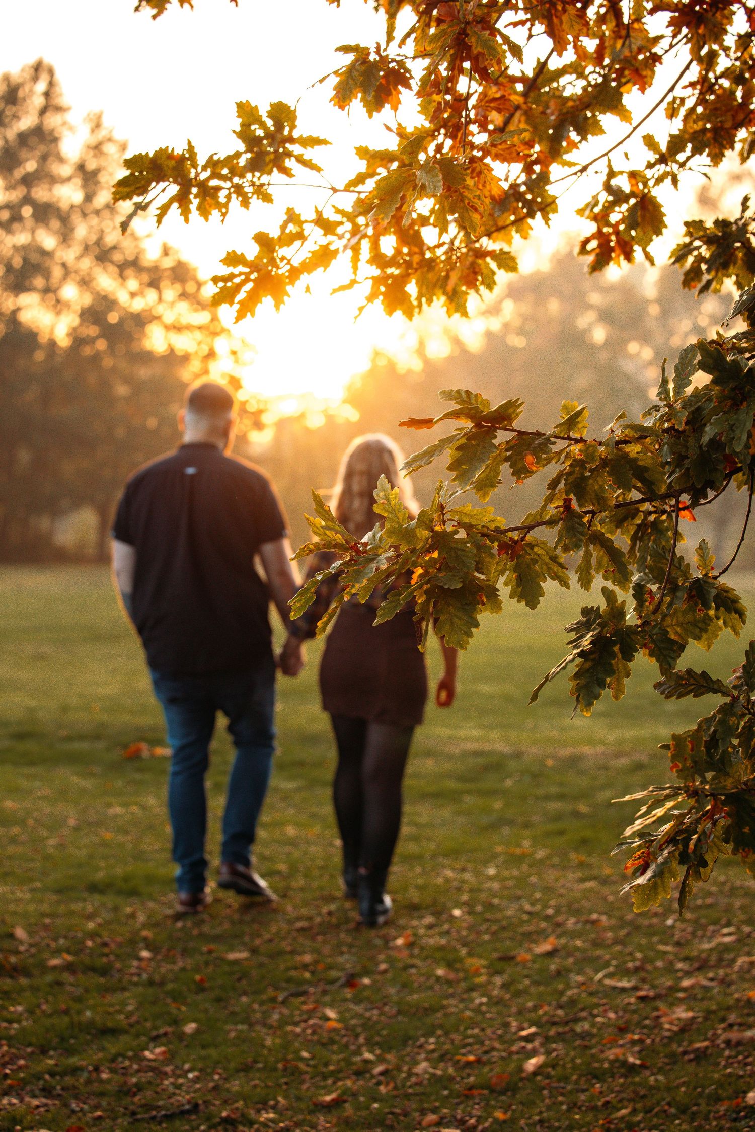 Two people walking away on grass path under autumn oak trees at sunset.