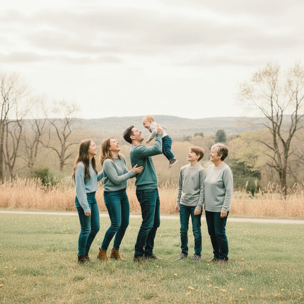 family standing laughing and playing with baby