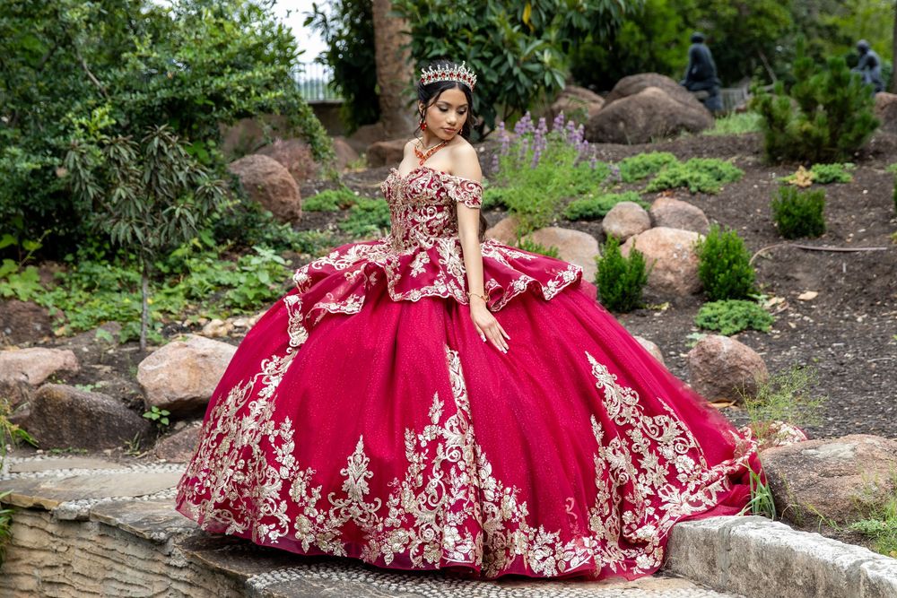 An elegant deep red ball gown with gold embroidery details captured in a natural outdoor setting with rocks and greenery.