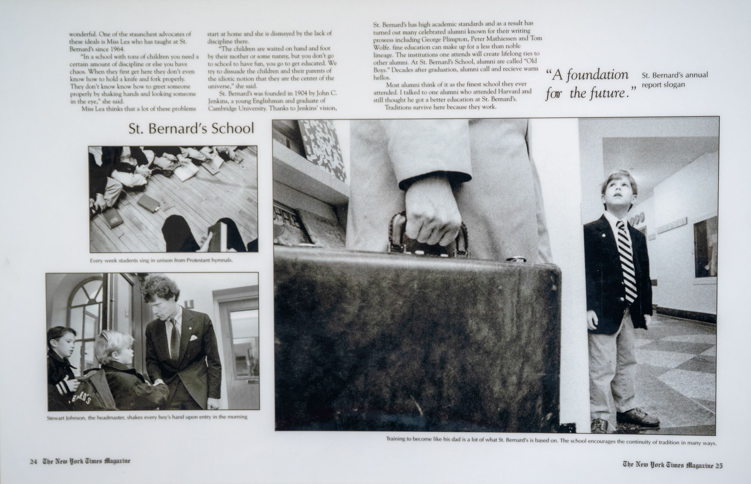 A series of black and white photographs arranged in a horizontal strip showing various school and documentary scenes.