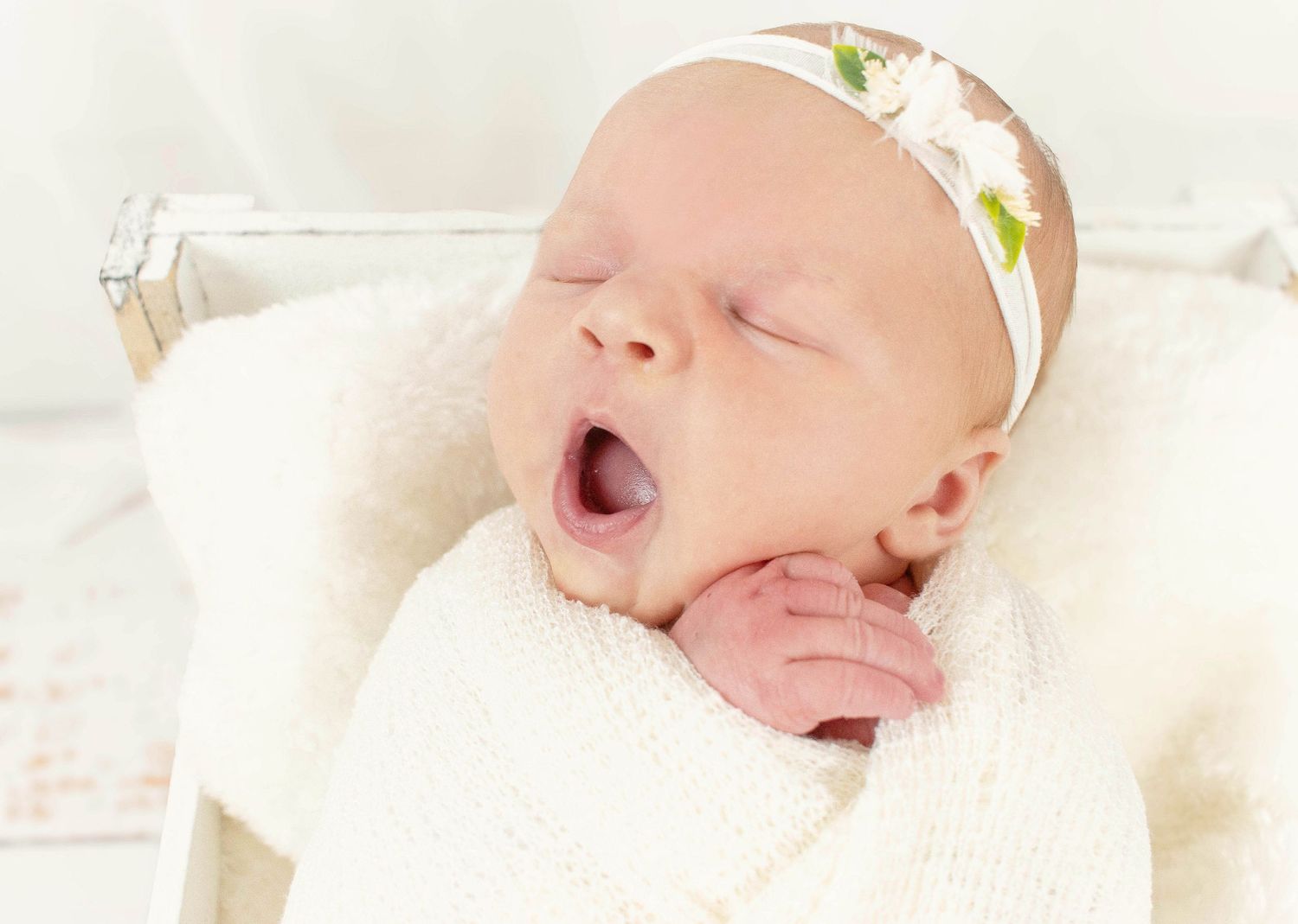 Delicate newborn portraits with white headband and soft lighting.