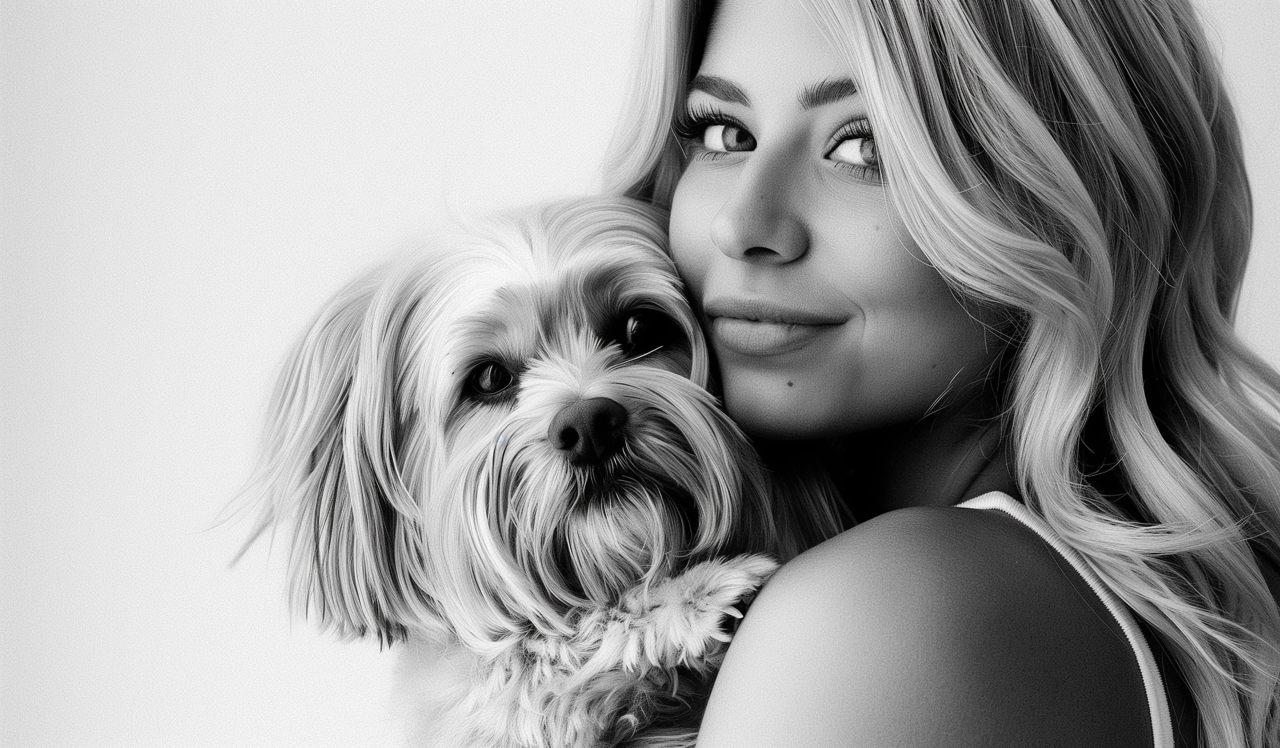 Stylish black and white portrait of a woman with wavy blonde hair embracing a small Yorkshire Terrier dog.