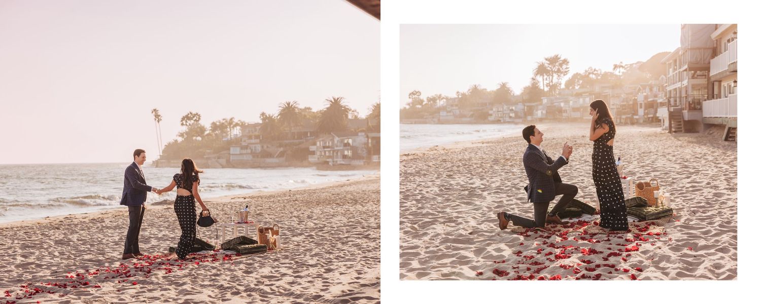 A romantic beach proposal scene at sunset with rose petals scattered on the sand.