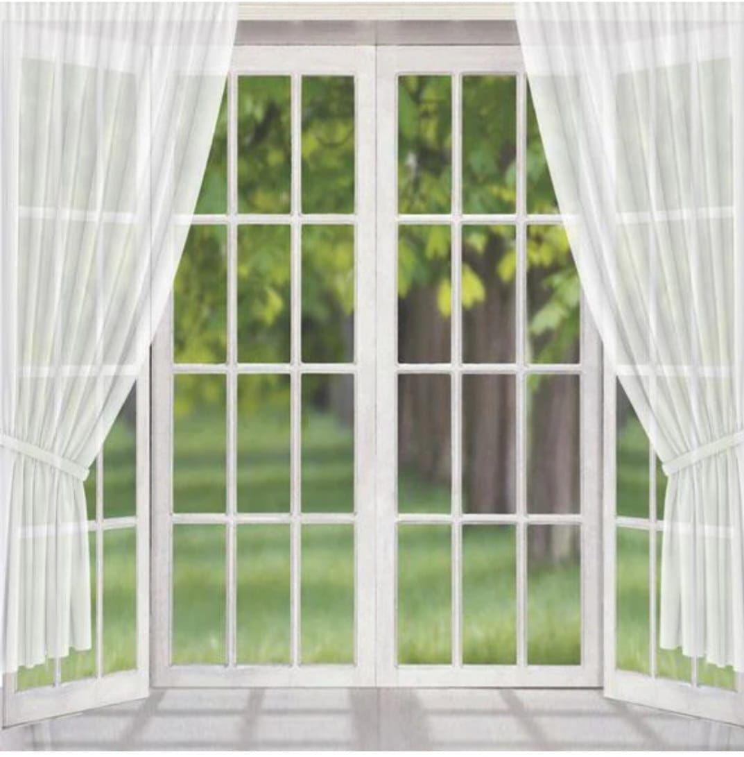 White curtained window frame looking out to bright green garden view.