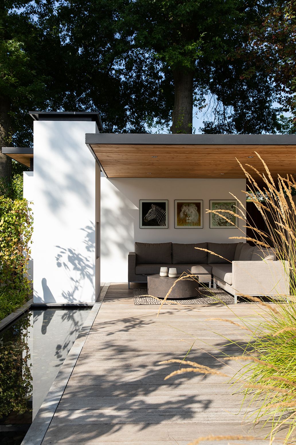 Een interieur foto van een tuin met overkapping en een zitje met een strakke vijver.