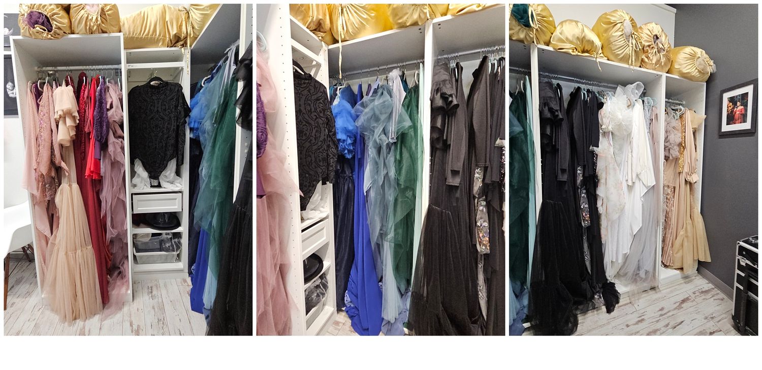 Austin Maternity Photographer Client closet full of couture maternity gowns.