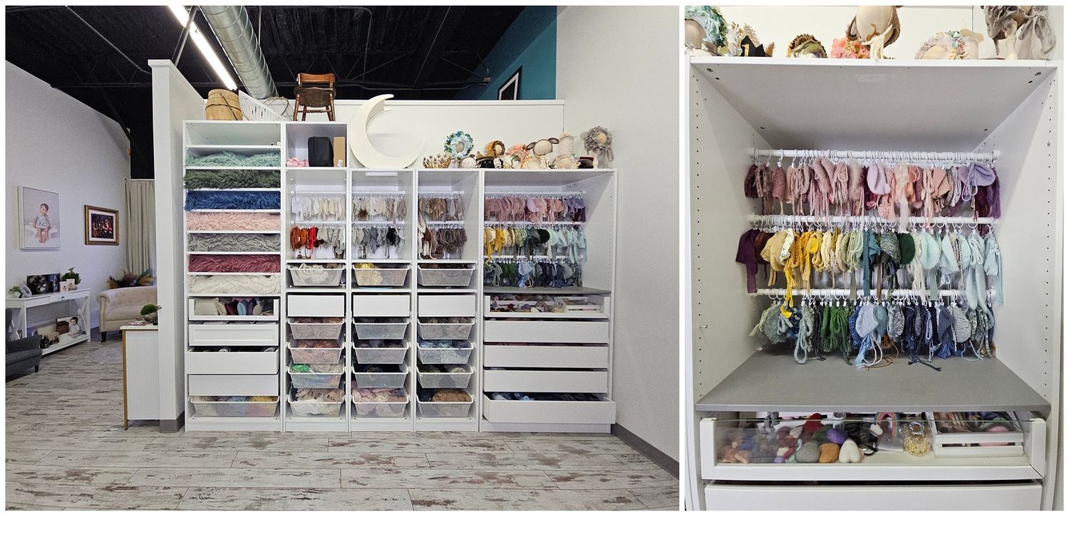 Newborn Photographer storage - Pax shelves organized by color.  Contains newborn layers, wraps, bonnets, and hats.