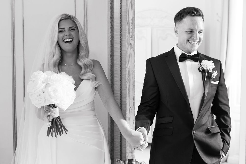 A series of black and white wedding photos showing joyful moments between couples during their celebrations.