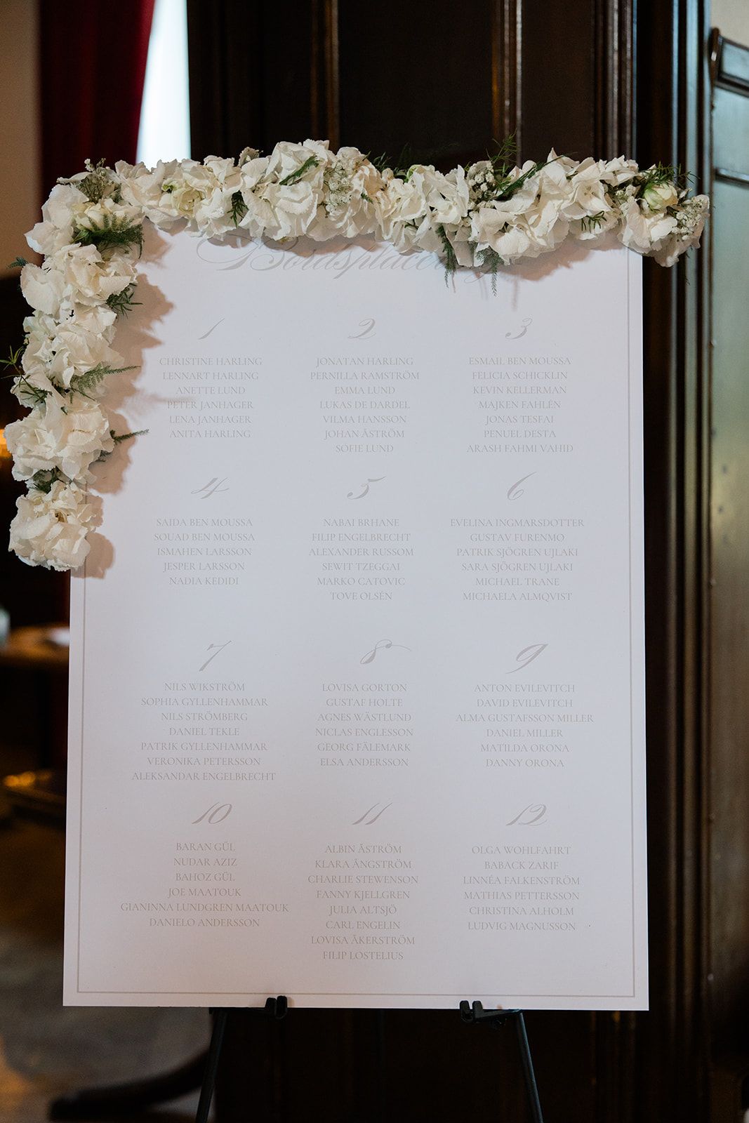 Wedding seating chart display with white floral decorations and elegant printed guest lists on white paper.