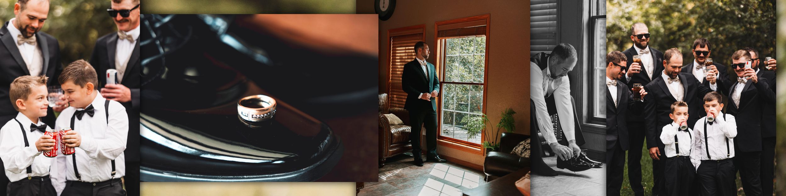 A collection of wedding photography images arranged in a horizontal filmstrip showing reception and ceremony moments.