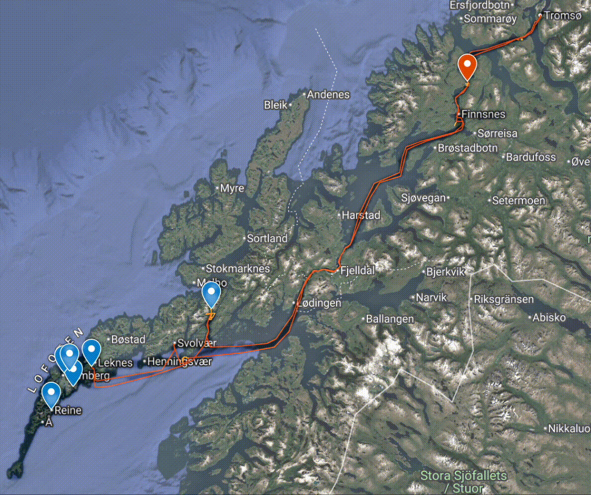 carte intinéraire croisière latitude blanche lumières d'automne tromso lofoten