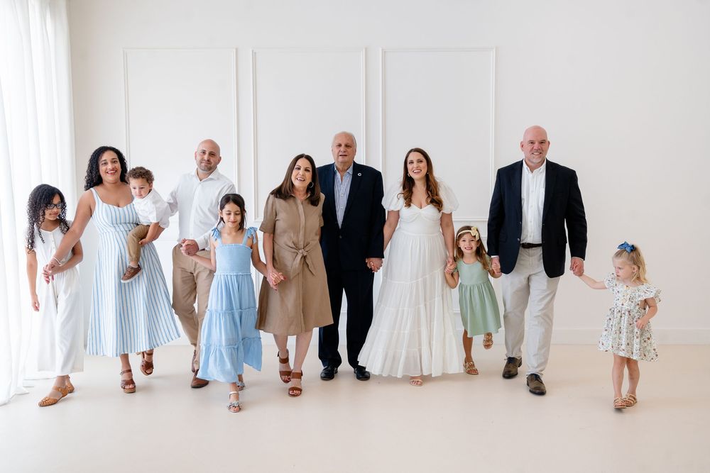 Series of candid family portraits showing various poses and groupings in bright studio setting.