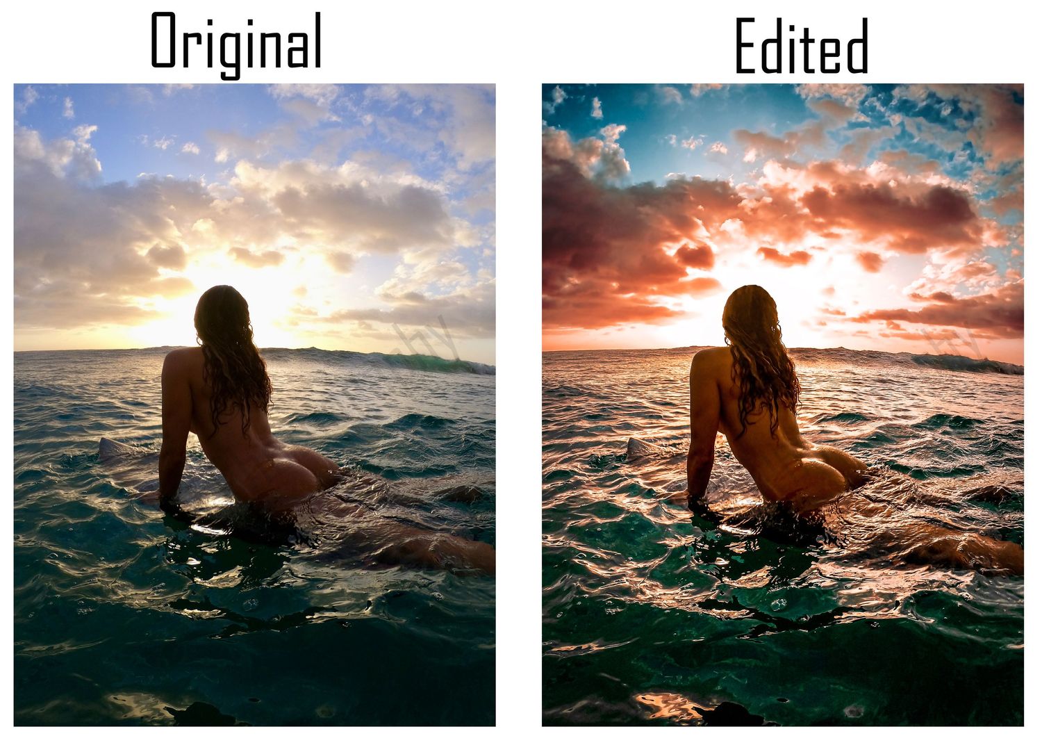 A silhouette sits in ocean waves during sunset, with original and edited versions showing natural versus enhanced colors.