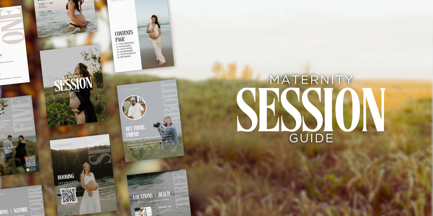 Multiple printed photography guides and session documents laid out showing pricing and client information materials.
