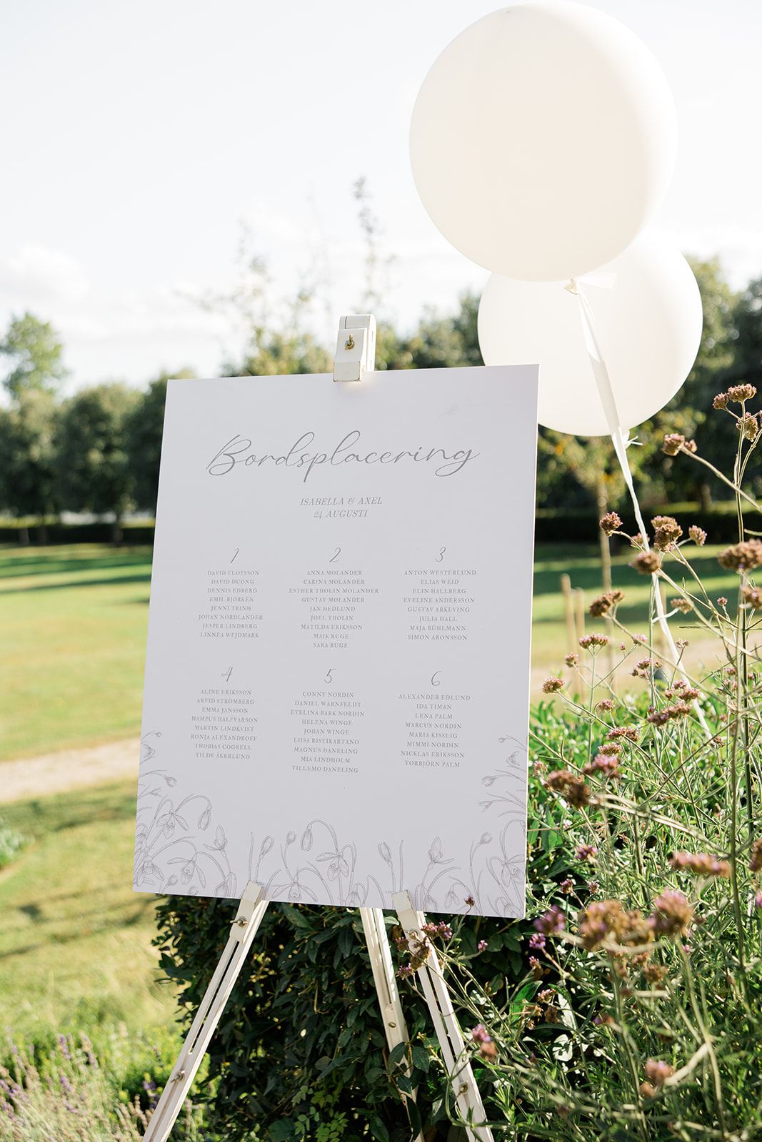 Three white seating charts on wooden easels display wedding guest arrangements in an outdoor garden setting.