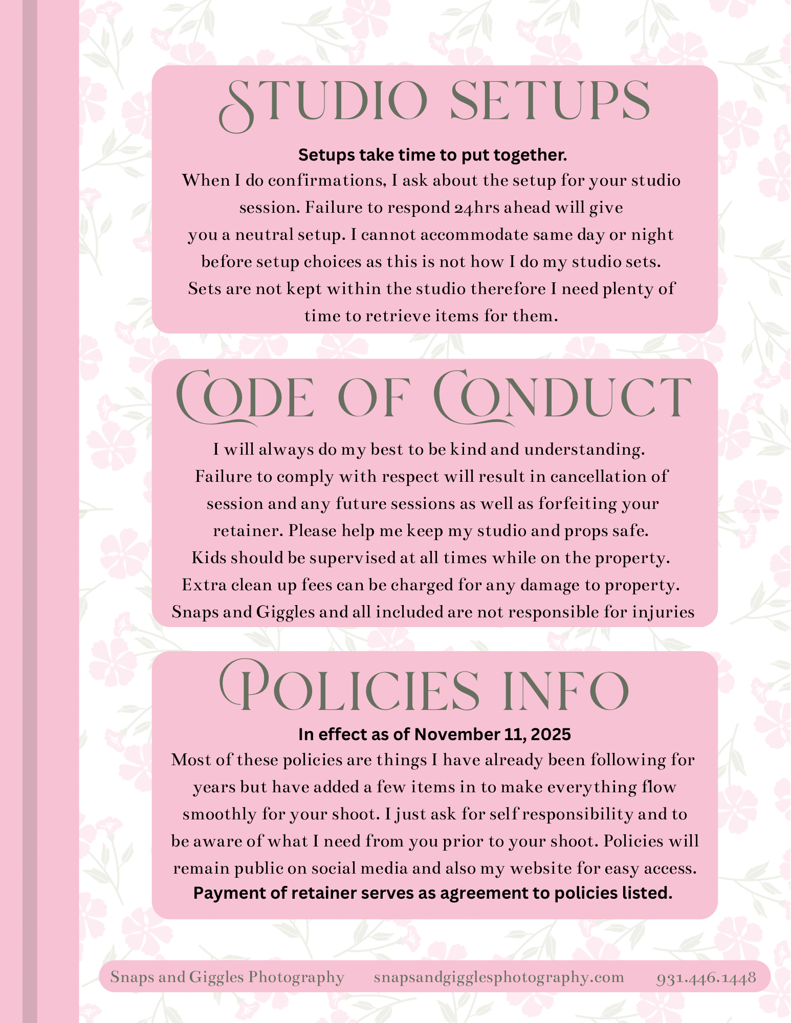 Pink and floral studio setup policy document with elegant typography and business information.