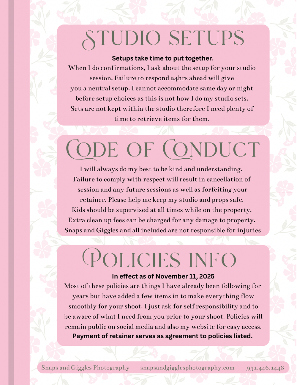 Pink and floral studio setup policy document with elegant typography and business information.