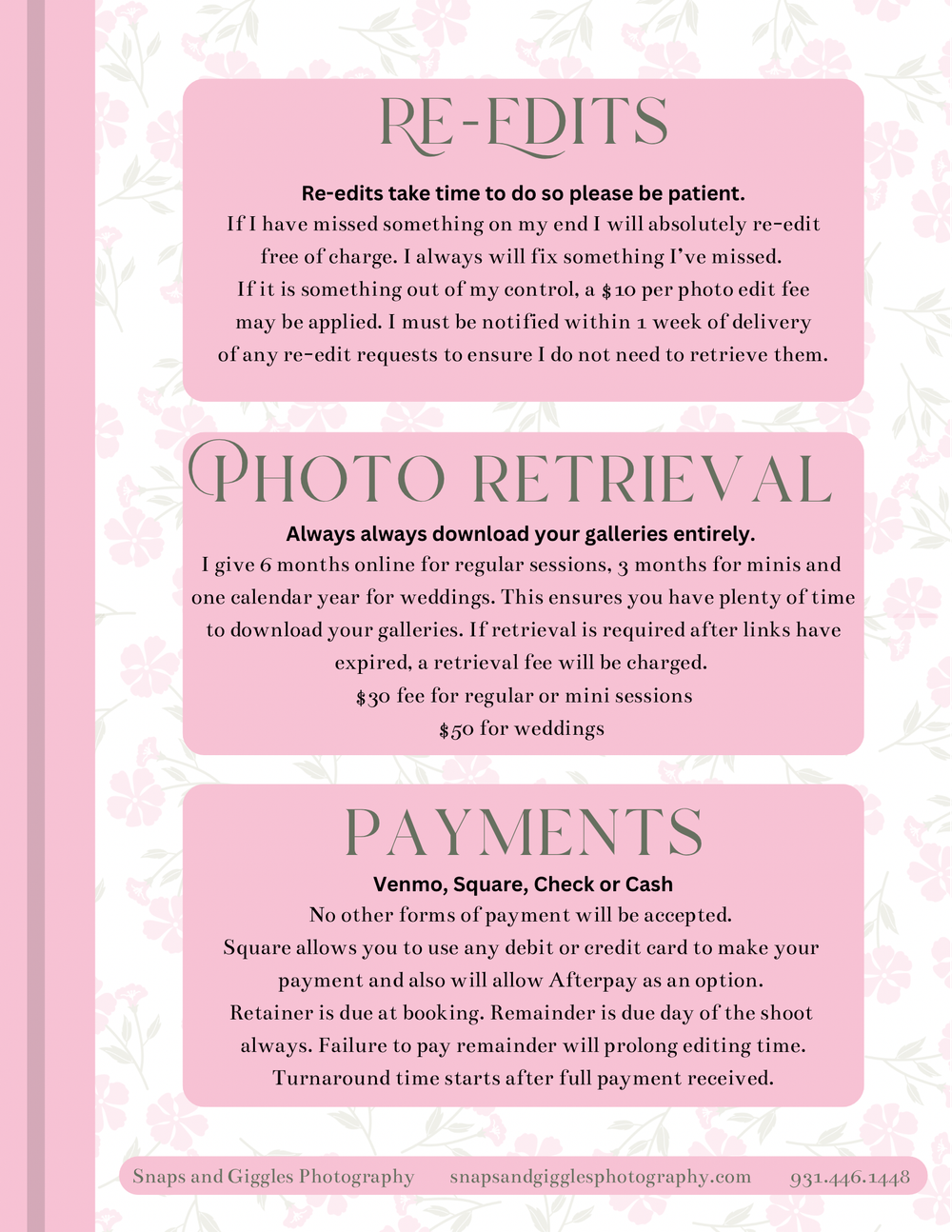 Photography studio policies document outlining re-edits, photo retrieval and payment terms on pink background.