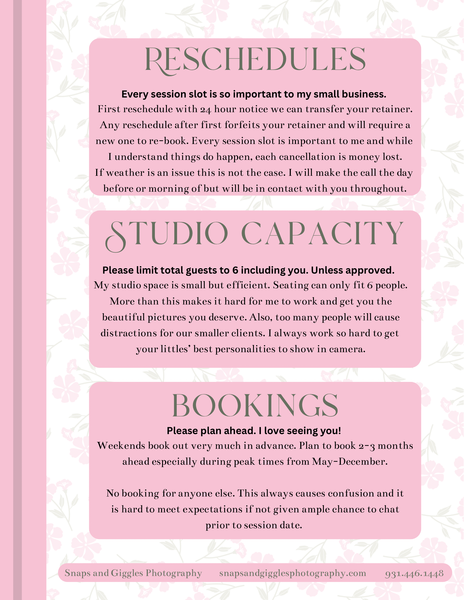 Pink business policy document detailing studio capacity and booking procedures for a photography business.