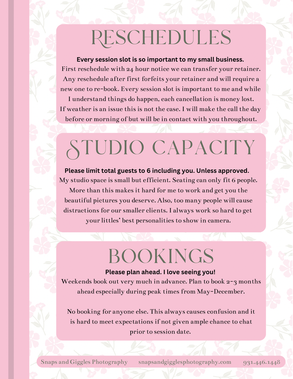 Pink business policy document detailing studio capacity and booking procedures for a photography business.