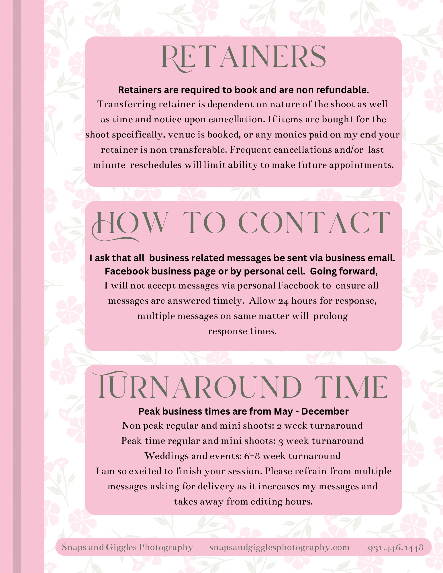 Professional photography business policy page explaining retainer fees and contact methods on pink background.