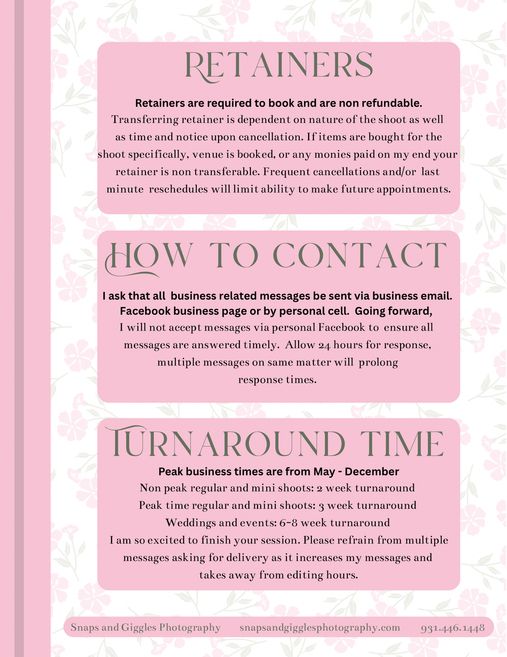 Professional photography business policy page explaining retainer fees and contact methods on pink background.