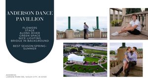 Couple poses near flowers and bridge at Anderson Dance Pavilion along the river in Sioux City, IA.