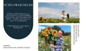 Woman and child pose among vibrant sunflowers at Sunflower Fields in Lawton, IA during September.