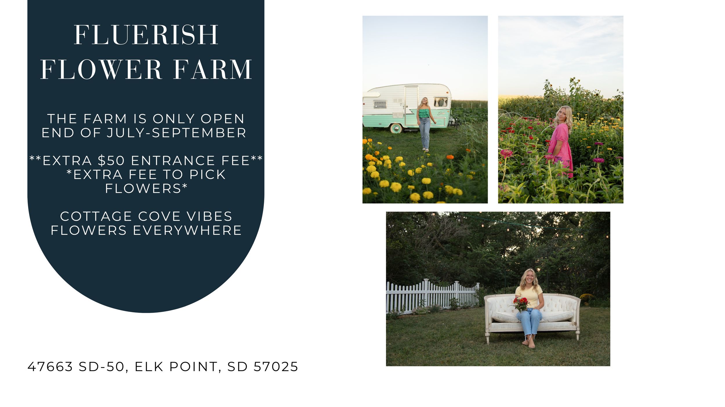 Woman sits among colorful flowers at Fluerish Flower Farm cottage in Elk Point, SD in summer.