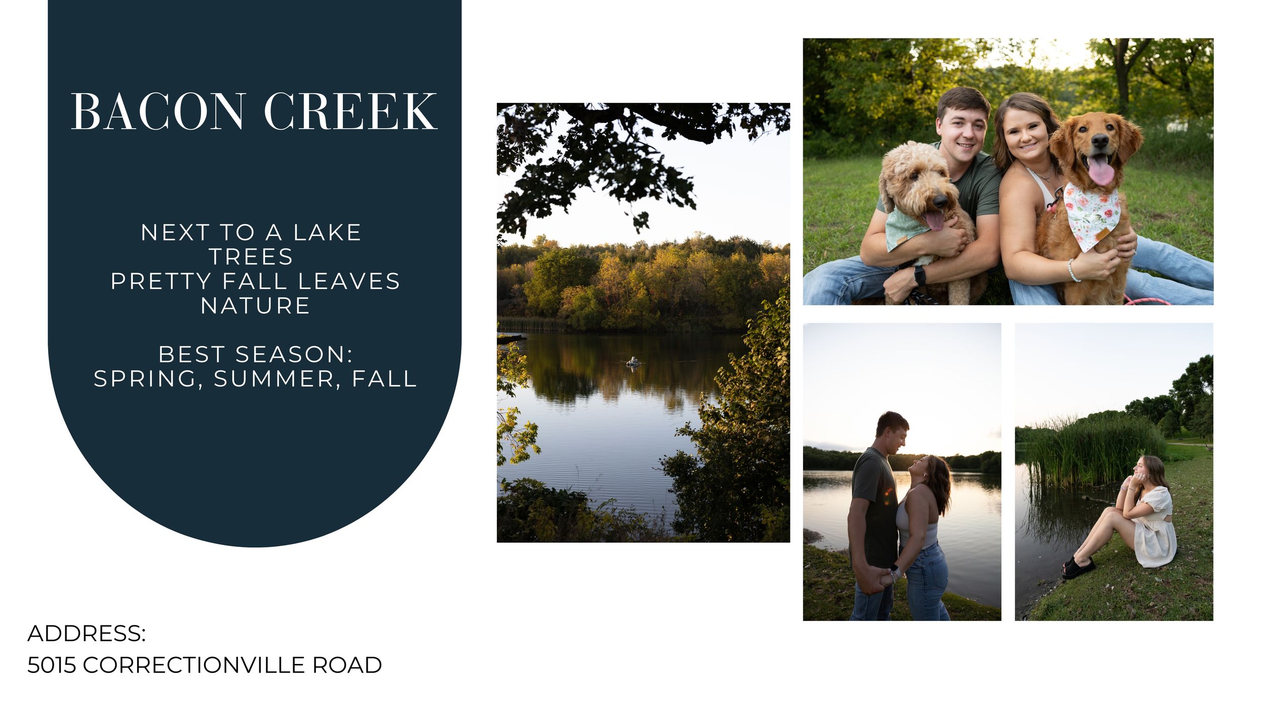 Couple with dog relaxes near a lake surrounded by fall foliage at Bacon Creek in Sioux City, IA.