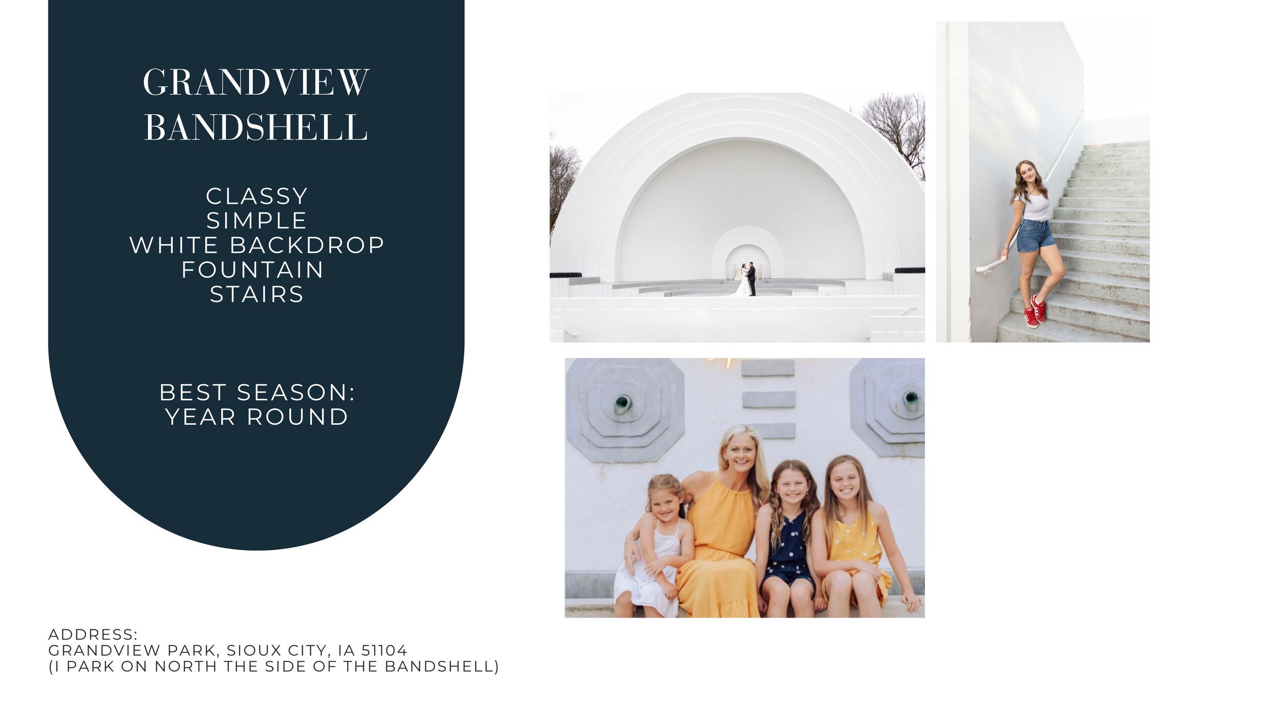 Grandview Bandshell in Sioux City Iowa featuring a white backdrop fountain and stairs year round.