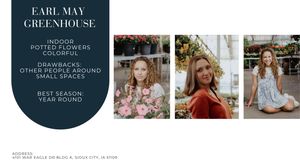 Woman and girl pose among colorful indoor potted flowers at Earl May Greenhouse in Sioux City, IA.