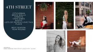 Young woman poses against brick walls on 4th Street in Sioux City, IA, showcasing urban cafe vibes.
