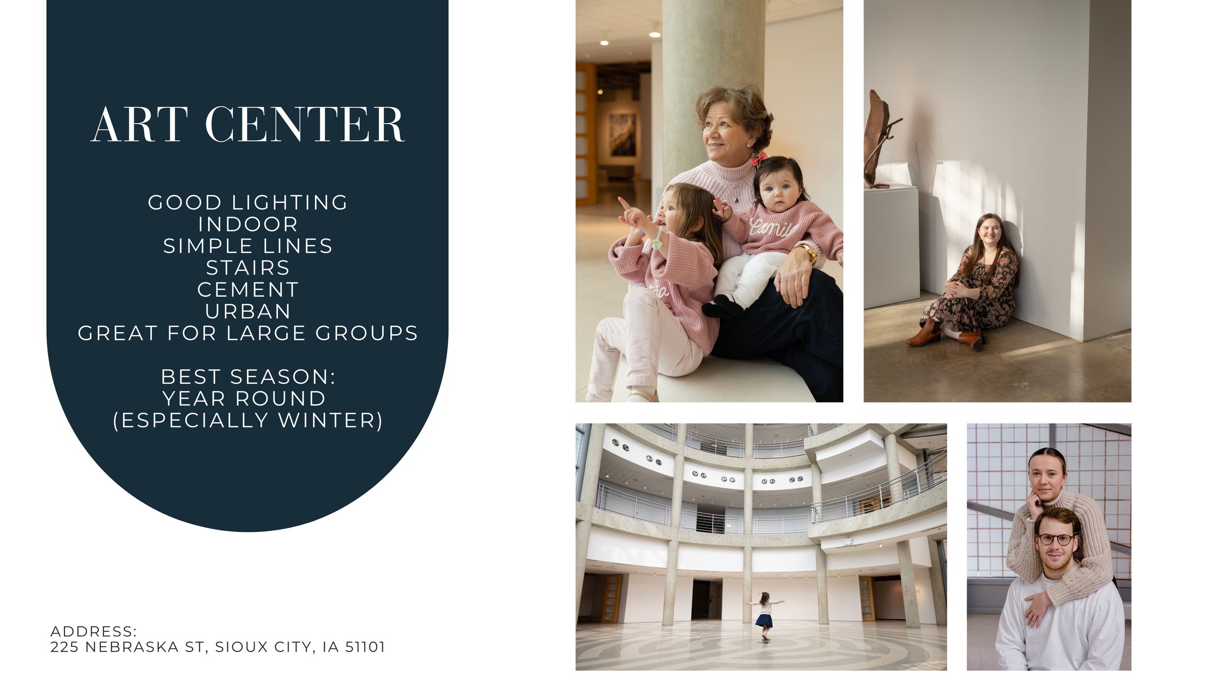Family and individuals pose in the bright, modern Art Center in Sioux City, IA with clean lines.
