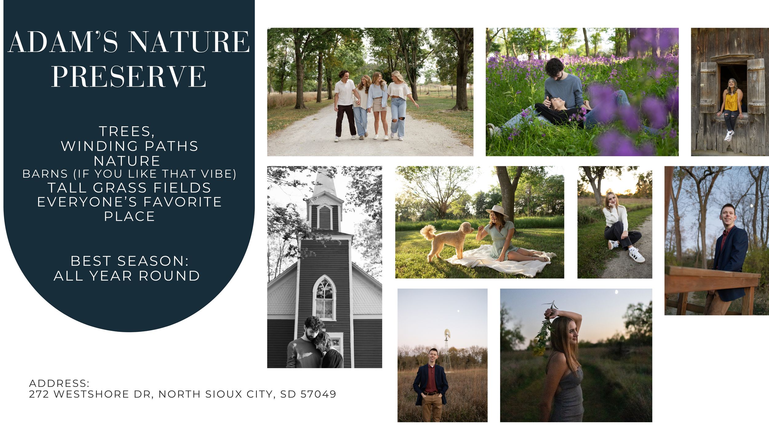 Adam's Nature Preserve in North Sioux City SD features trees, winding paths, barns, tall grass fields for photo sessions.