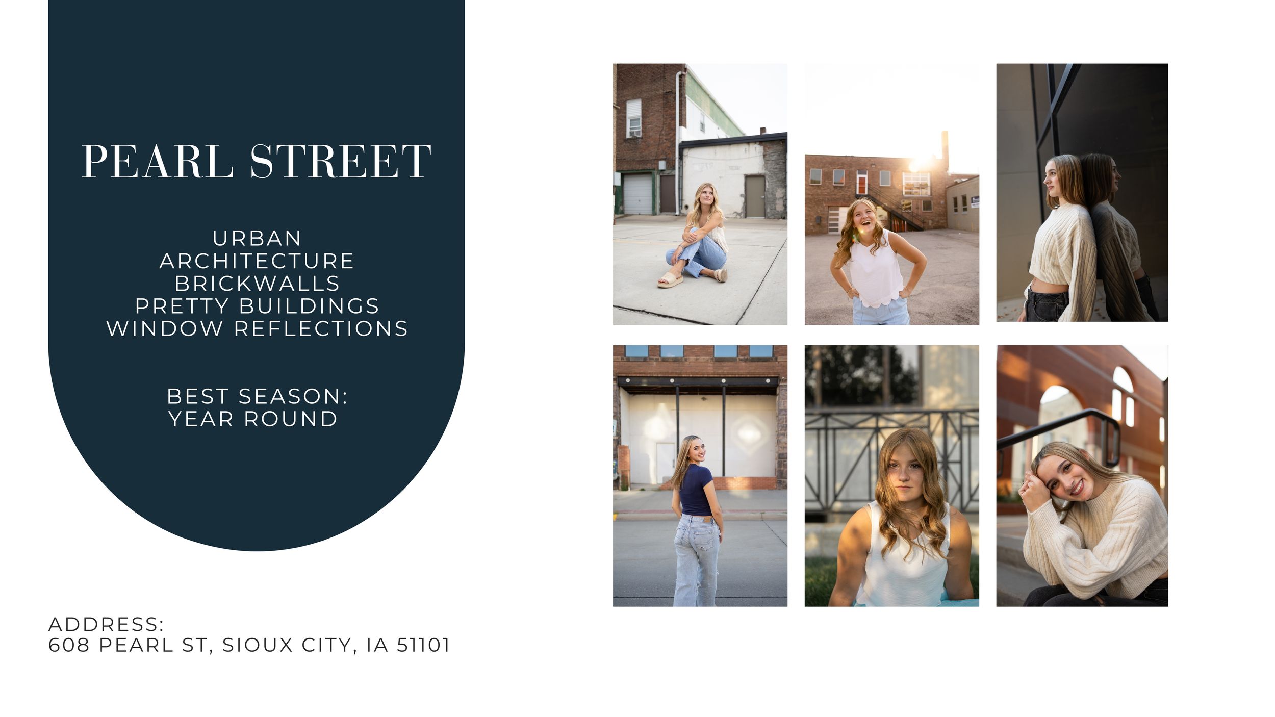 Pearl Street in Sioux City IA offers urban architecture, brick walls, and window reflections for year-round photo sessions.