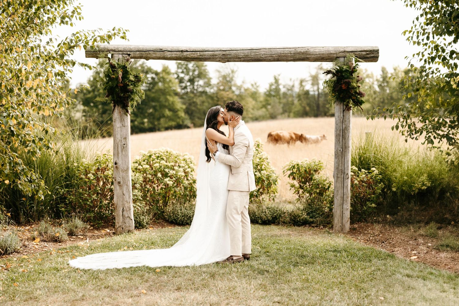 A romantic couple embraces under a rustic wooden pergola in a sunlit garden setting.