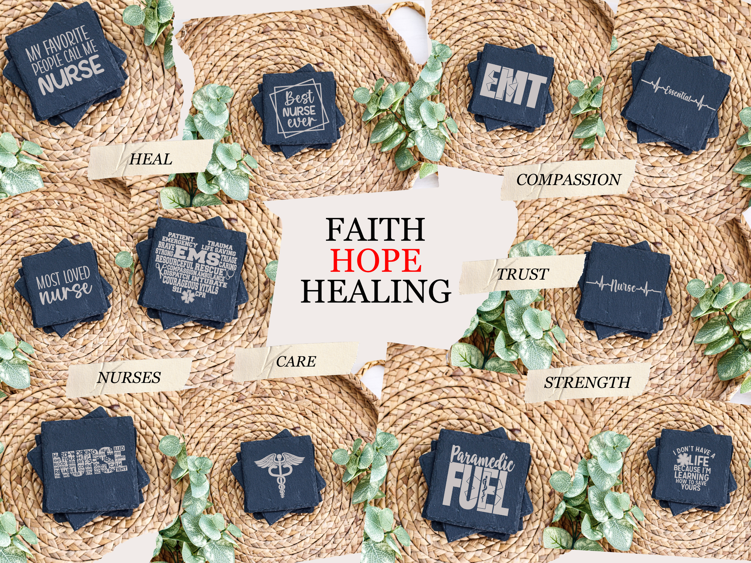 Medical and nursing themed coasters with inspirational words arranged on woven natural fiber background with greenery accents.