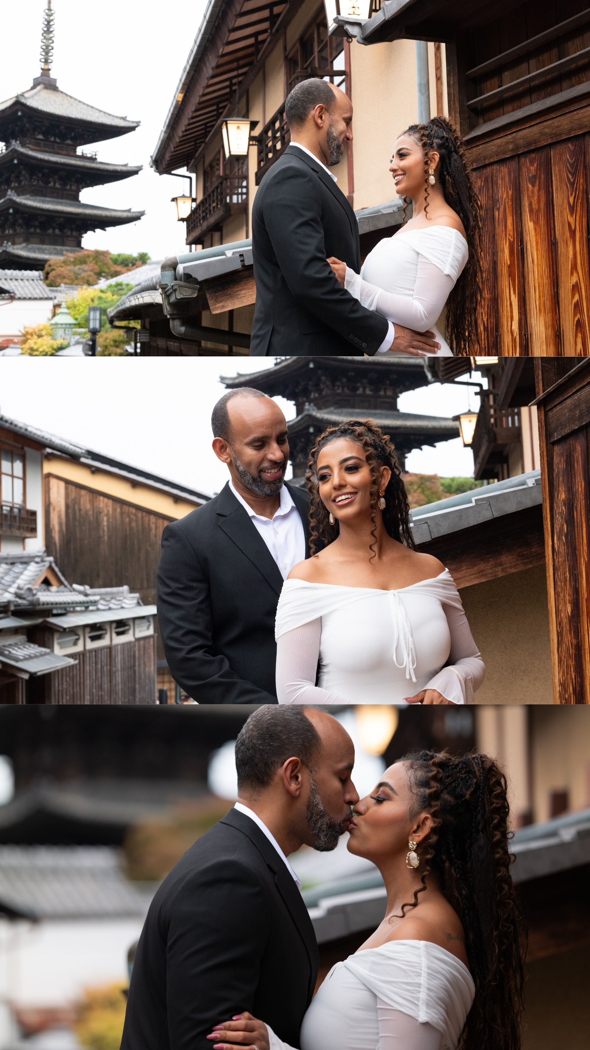 Three-photo collage of couple near Yasaka Pagoda, sharing romantic moments in Kyoto, Japan.