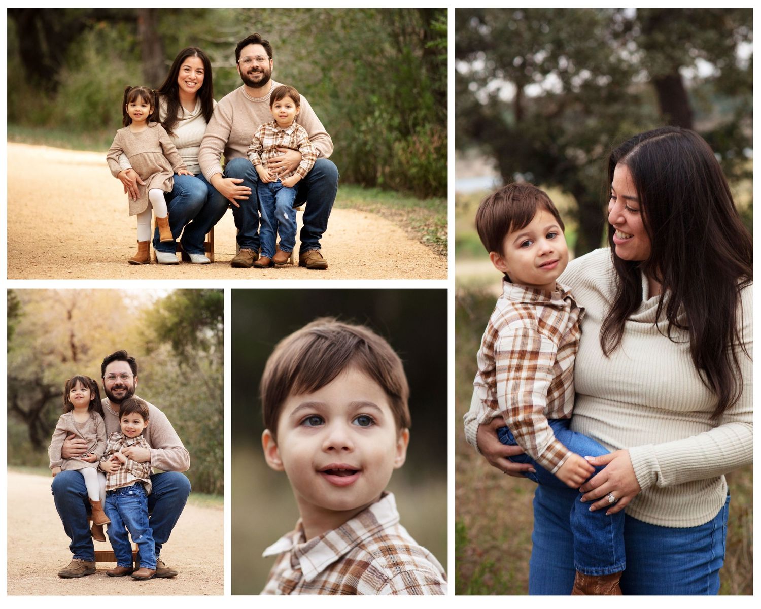 A family poses together on a dirt path surrounded by greenery during a fall family mini photo session at Brushy Creek Lake Park TX